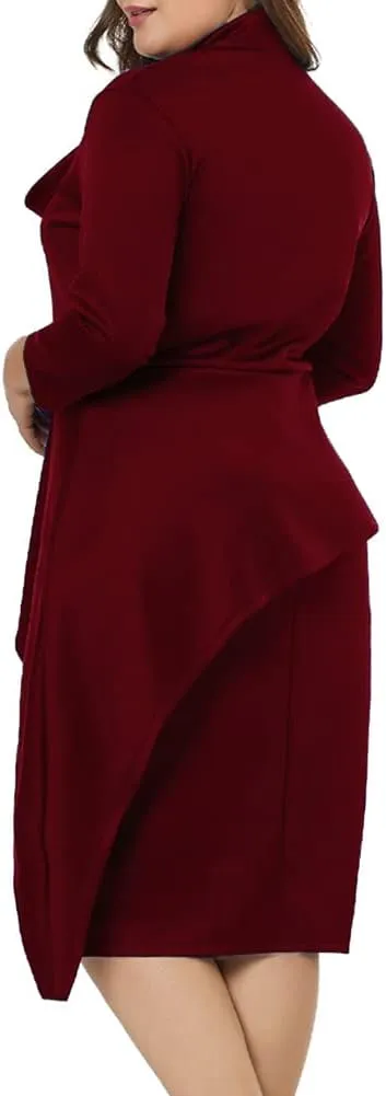 LALAGEN Women's Plus Size Long Sleeve Peplum Tie Neck Bodycon Pencil Midi Dress