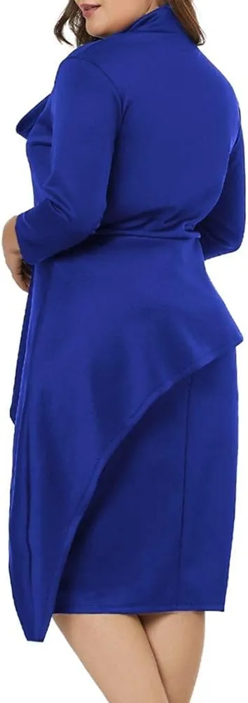 LALAGEN Women's Plus Size Long Sleeve Peplum Tie Neck Bodycon Pencil Midi Dress