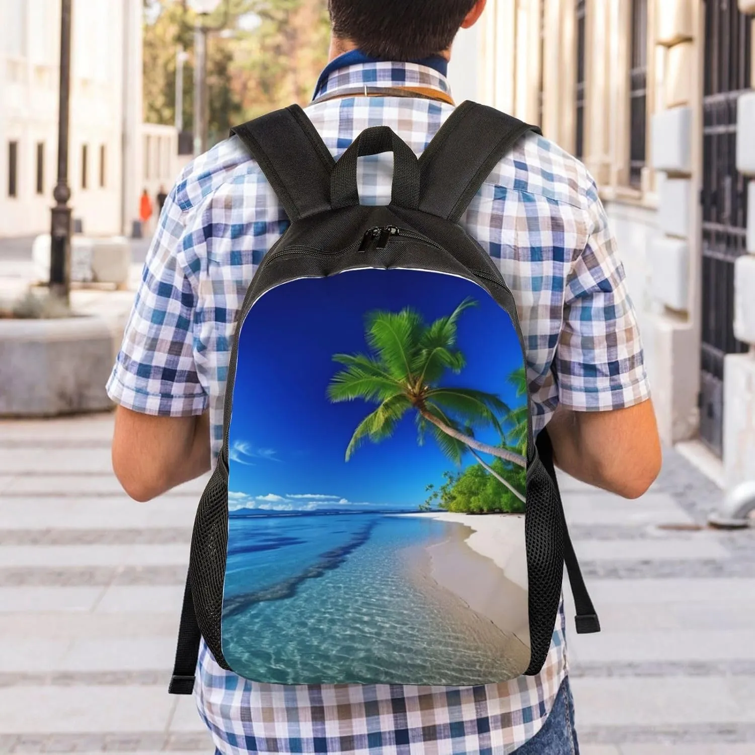 Laptop Backpack for Women Men Carry-on Backpack Blue Sea Sky Coconut Tree Daypack Lightweight Travel Shoulder Bags