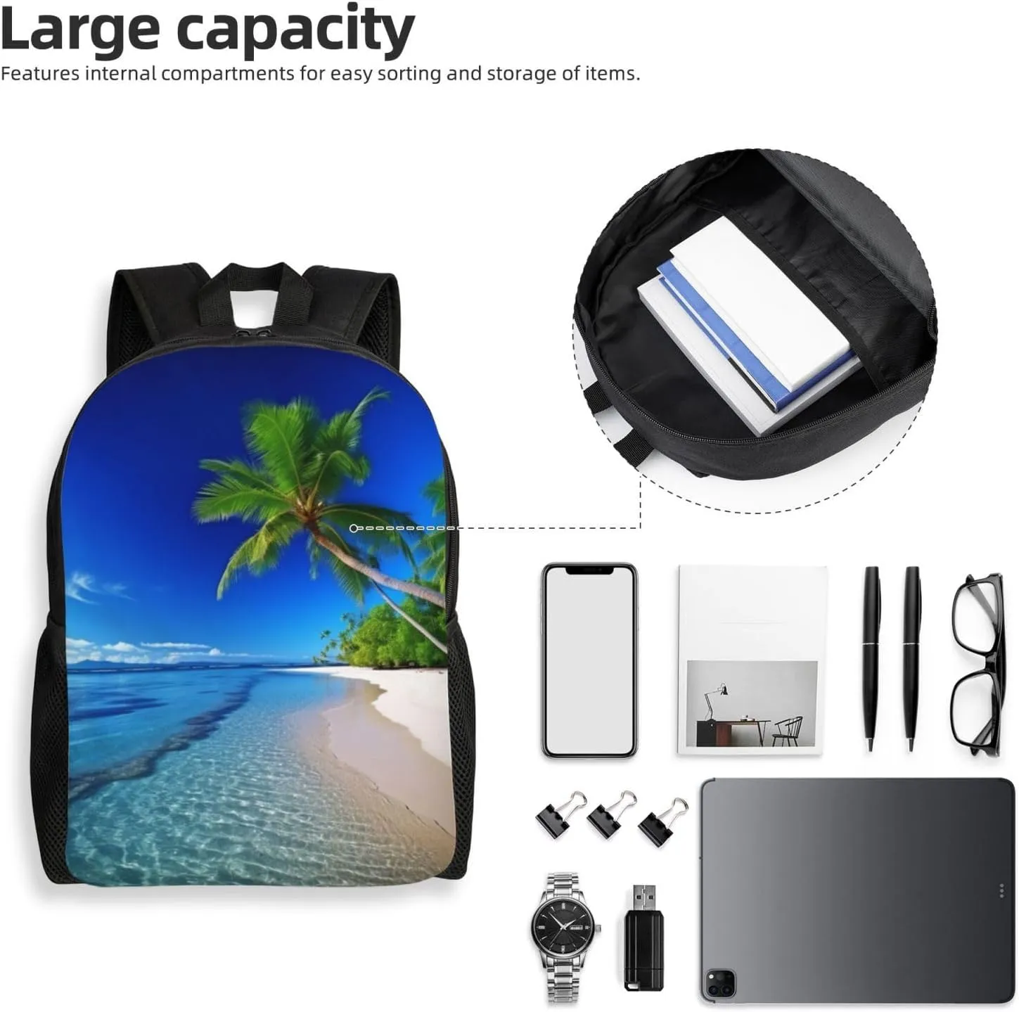 Laptop Backpack for Women Men Carry-on Backpack Blue Sea Sky Coconut Tree Daypack Lightweight Travel Shoulder Bags