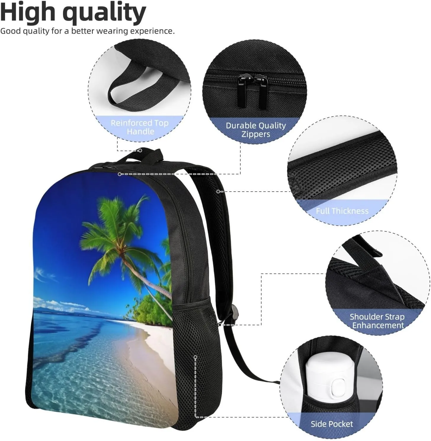 Laptop Backpack for Women Men Carry-on Backpack Blue Sea Sky Coconut Tree Daypack Lightweight Travel Shoulder Bags
