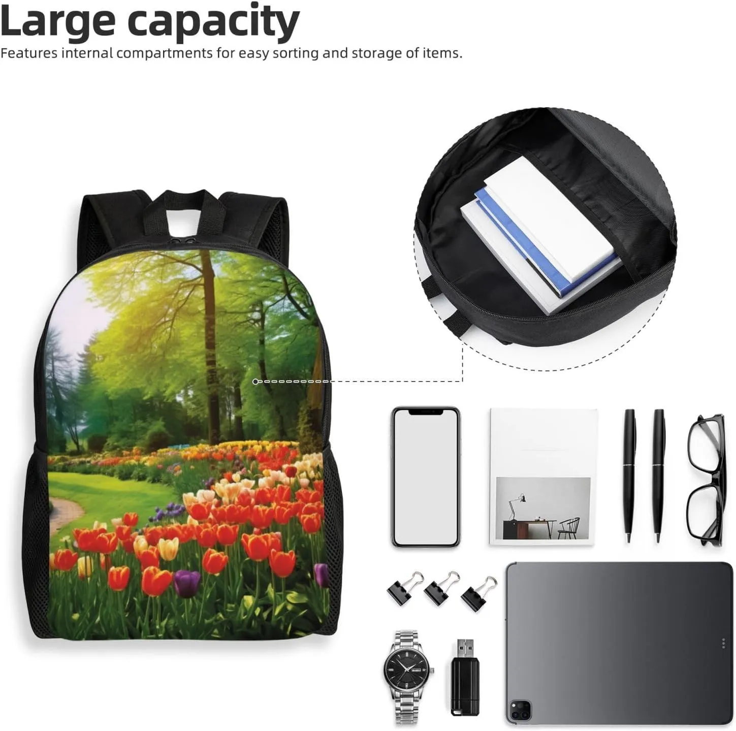 Laptop Backpack for Women Men Carry-on Backpack Colorful Tulip Flowers and Trees Daypack Lightweight Travel Shoulder Bags