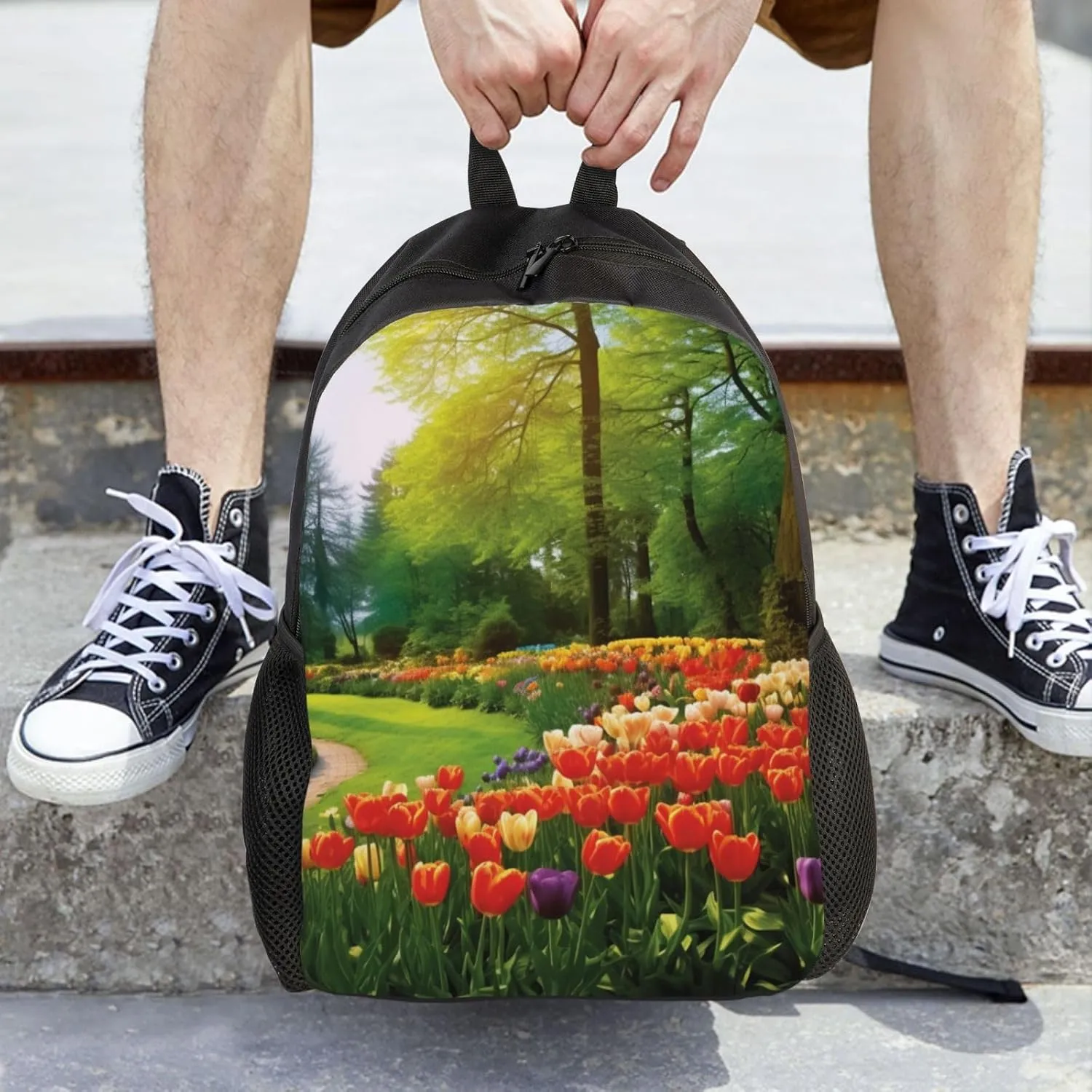 Laptop Backpack for Women Men Carry-on Backpack Colorful Tulip Flowers and Trees Daypack Lightweight Travel Shoulder Bags