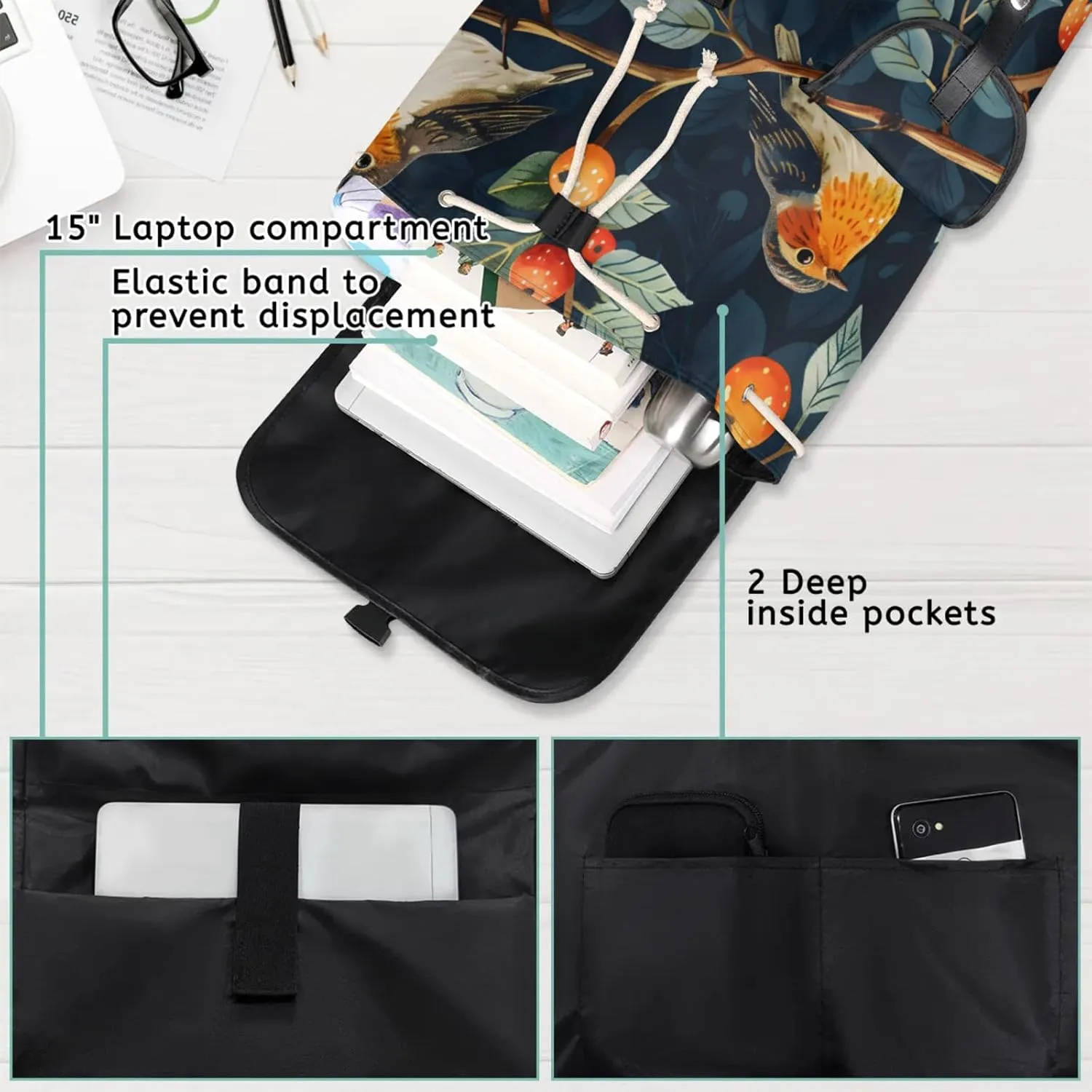 Laptop Backpacks Birds Berry Leaf Travel Backpack for Women Work Backpack Computer Bag for Business Travel Fits 15 Inch Laptop