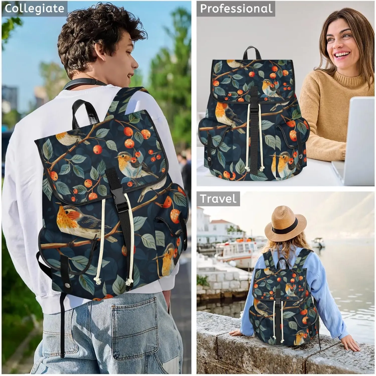 Laptop Backpacks Birds Berry Leaf Travel Backpack for Women Work Backpack Computer Bag for Business Travel Fits 15 Inch Laptop