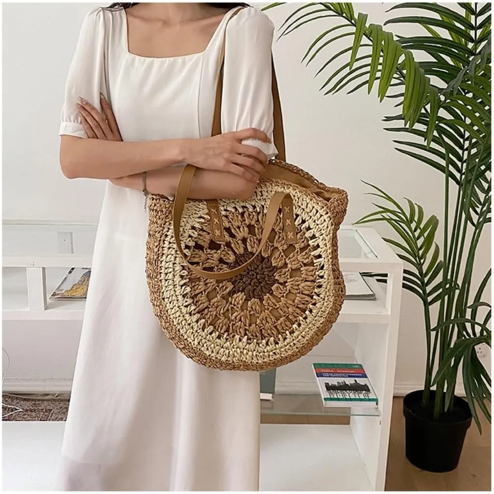 Large capacity Bag Exquisite Straw - woven Round Handbag: Unlock a New Fashionable Pose for Outings Ladies shoulder Bag