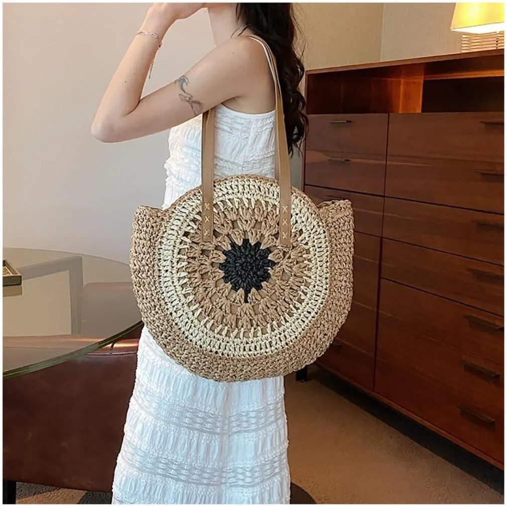 Large capacity Bag Exquisite Straw - woven Round Handbag: Unlock a New Fashionable Pose for Outings Ladies shoulder Bag