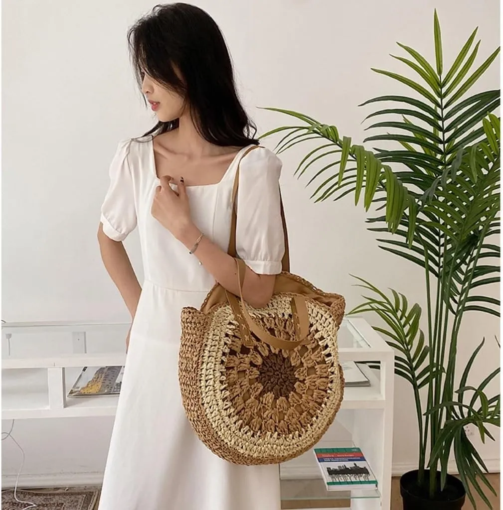 Large capacity Bag Exquisite Straw - woven Round Handbag: Unlock a New Fashionable Pose for Outings Ladies shoulder Bag