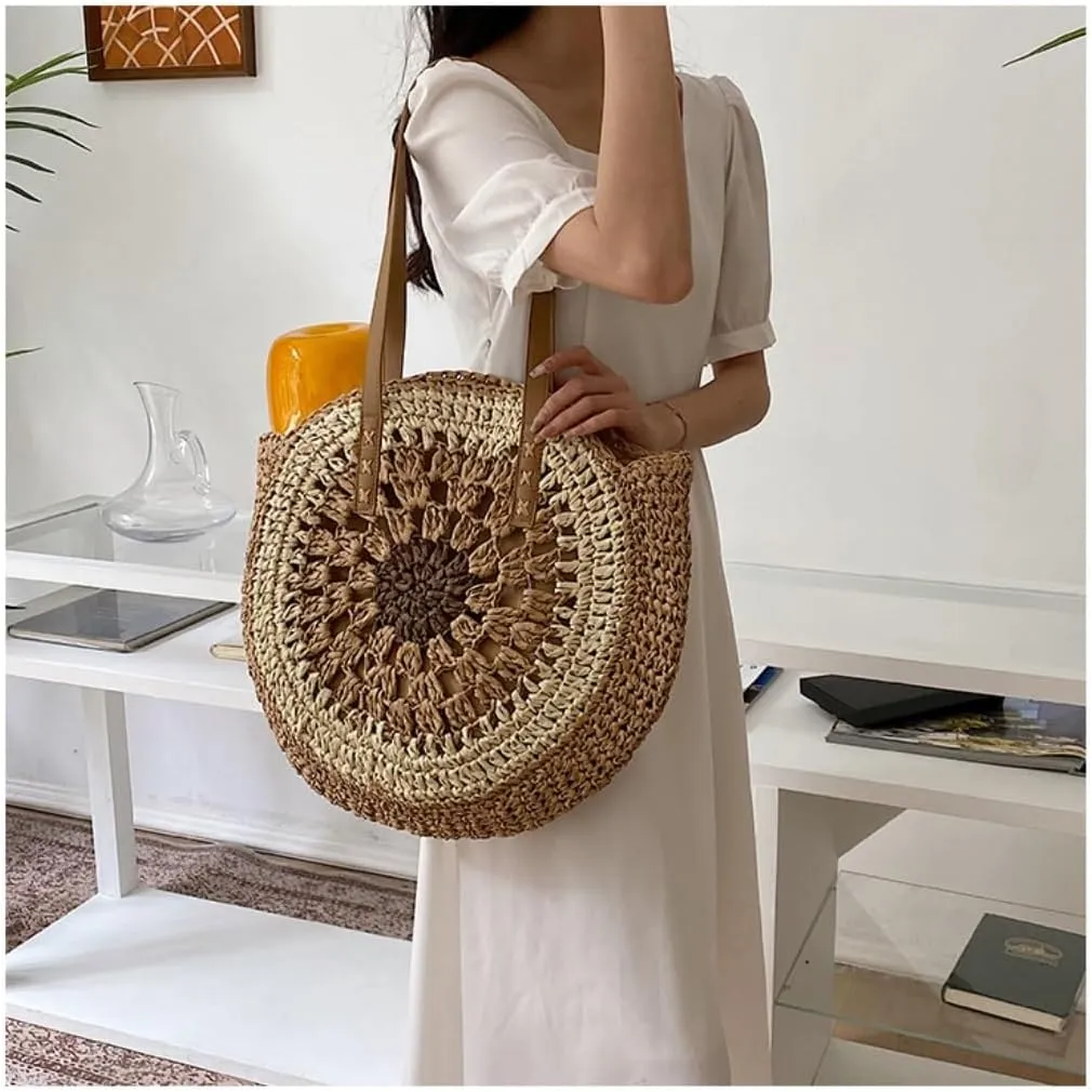 Large capacity Bag Exquisite Straw - woven Round Handbag: Unlock a New Fashionable Pose for Outings Ladies shoulder Bag