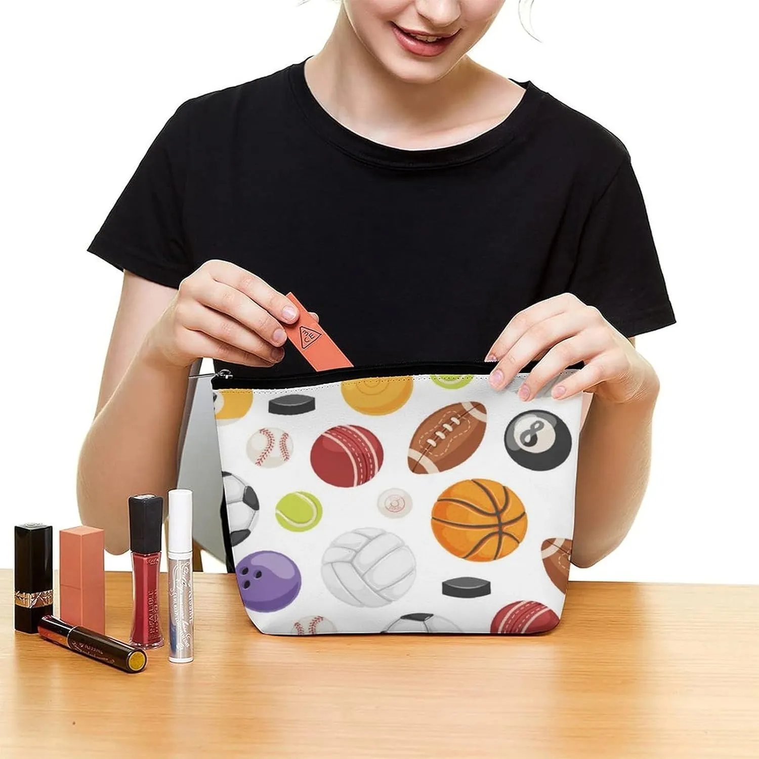 Large Capacity Cosmetic Bag Makeup Bag, Travel Pouch Make Up Purse Toiletry Storge Bag for Women (American Rugby Football Baseball Softball Bas)
