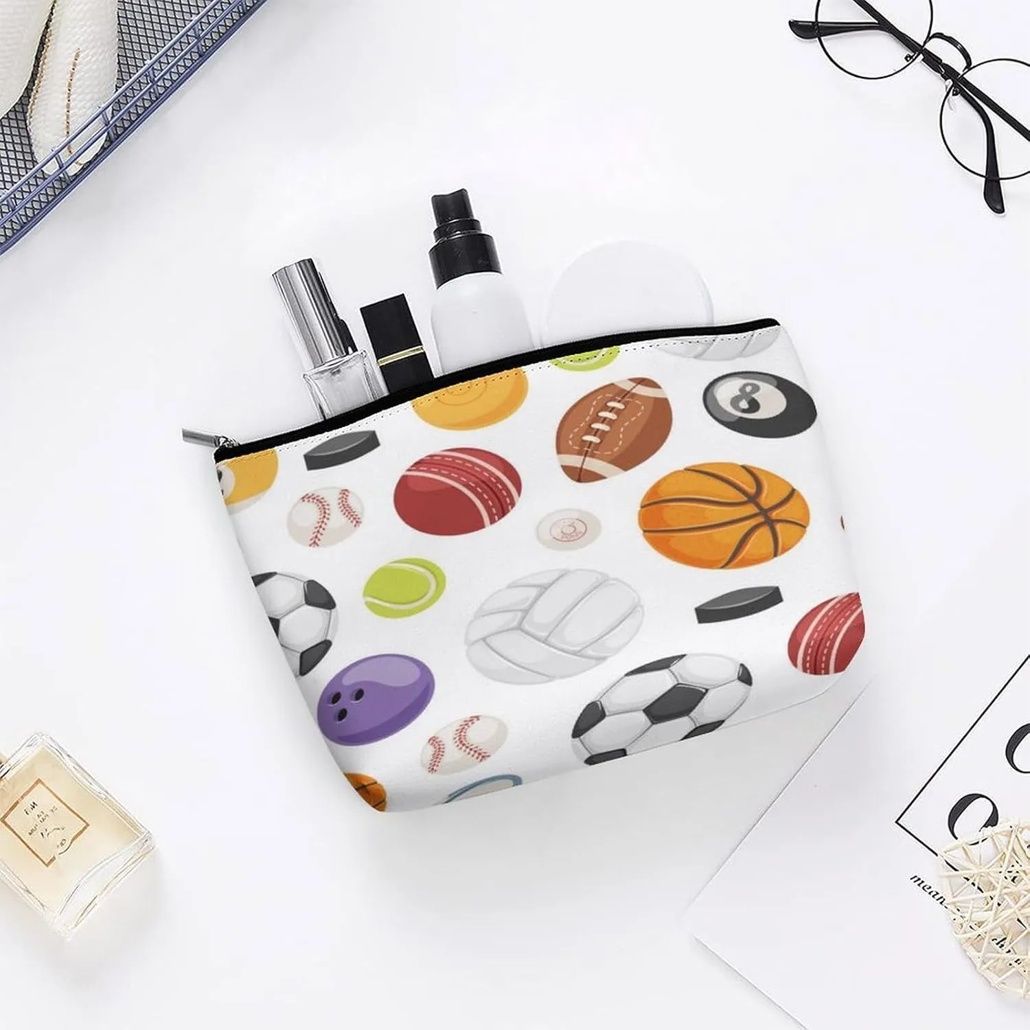 Large Capacity Cosmetic Bag Makeup Bag, Travel Pouch Make Up Purse Toiletry Storge Bag for Women (American Rugby Football Baseball Softball Bas)