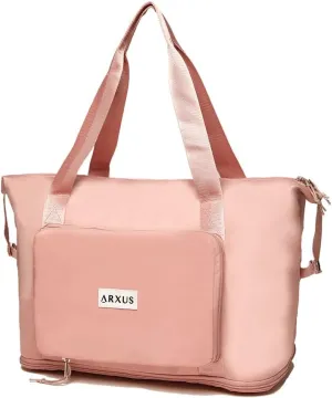 Large Folding Travel Duffle Bag, Expandable Waterproof Gym Weekend Carry On Overnight Tote Bag for Women, Pink