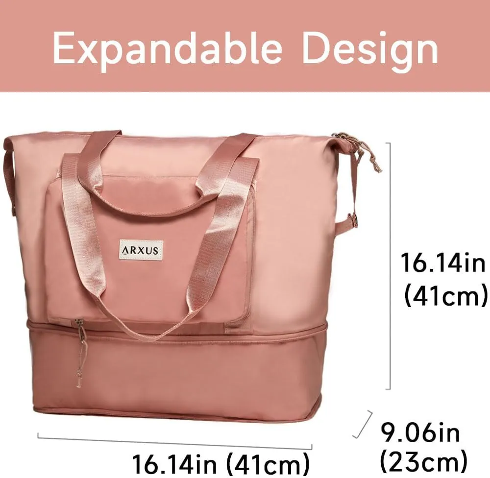 Large Folding Travel Duffle Bag, Expandable Waterproof Gym Weekend Carry On Overnight Tote Bag for Women, Pink