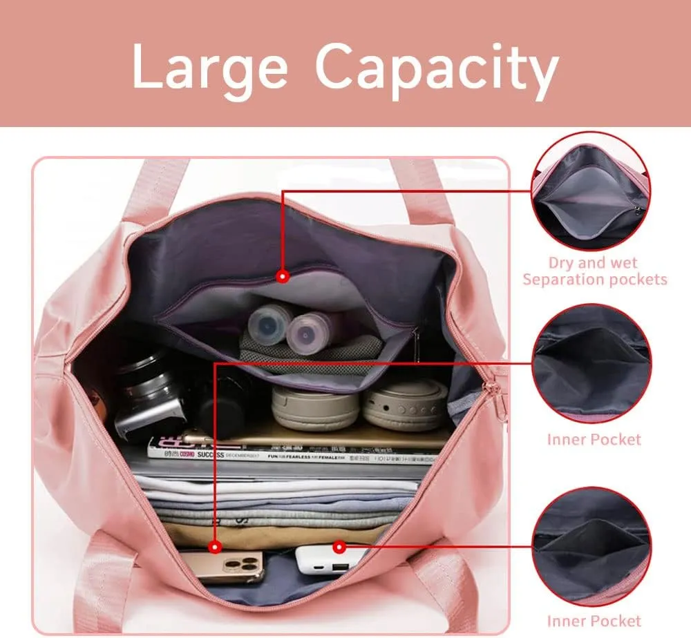 Large Folding Travel Duffle Bag, Expandable Waterproof Gym Weekend Carry On Overnight Tote Bag for Women, Pink