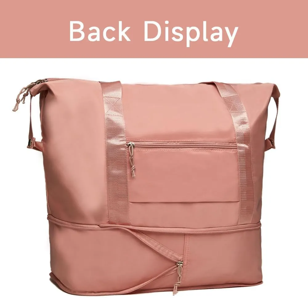 Large Folding Travel Duffle Bag, Expandable Waterproof Gym Weekend Carry On Overnight Tote Bag for Women, Pink
