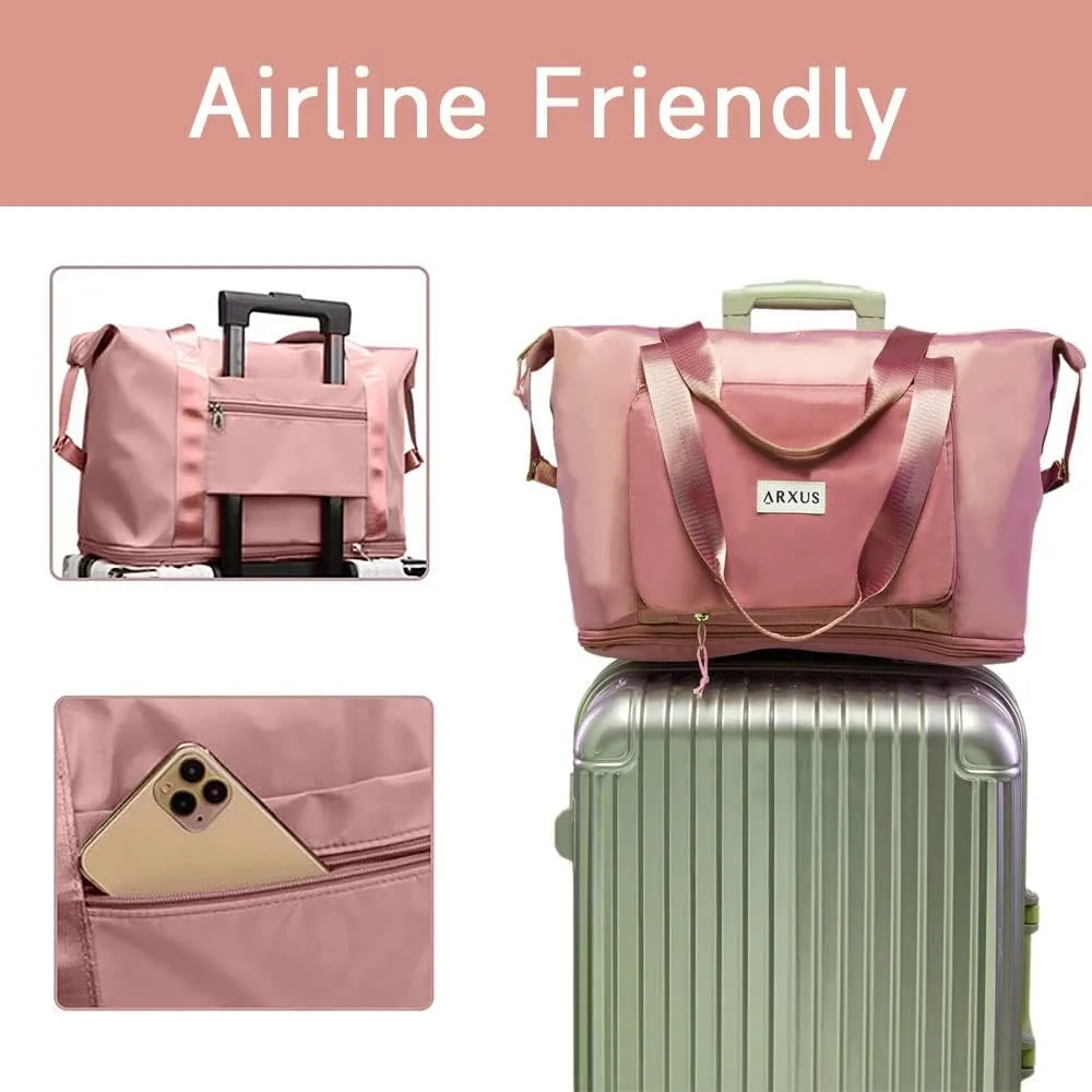 Large Folding Travel Duffle Bag, Expandable Waterproof Gym Weekend Carry On Overnight Tote Bag for Women, Pink