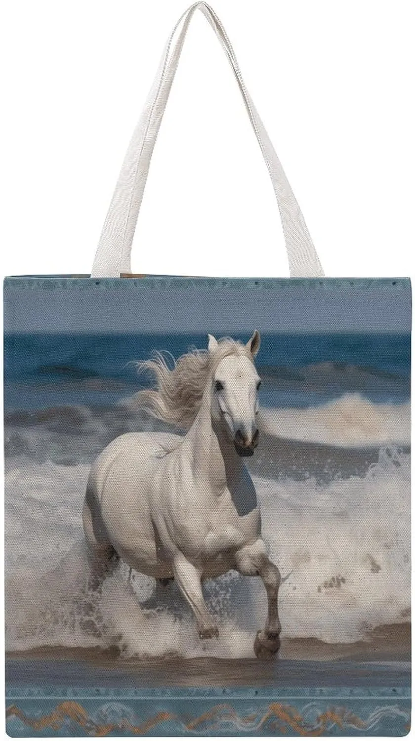 Large Grocery Bags Beach Tote White Horse Running on The Sea Shopping Bag for Women Shoulder Bag for Travel Work Handbag