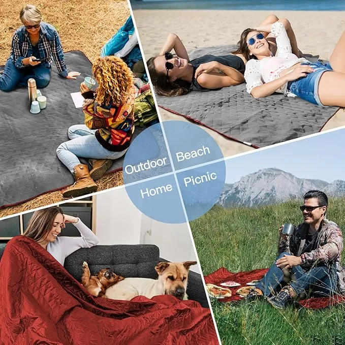 Large Outdoor Blanket, Camping Blankets for Cold Weather, Waterproof Windproof Hooded Stadium Blanket (79”x55”) Quilted with Extra Thick Fleece, Great for Camping, Picnic, Beach, Car, Dogs