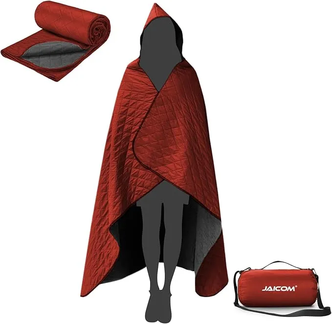 Large Outdoor Blanket, Camping Blankets for Cold Weather, Waterproof Windproof Hooded Stadium Blanket (79”x55”) Quilted with Extra Thick Fleece, Great for Camping, Picnic, Beach, Car, Dogs