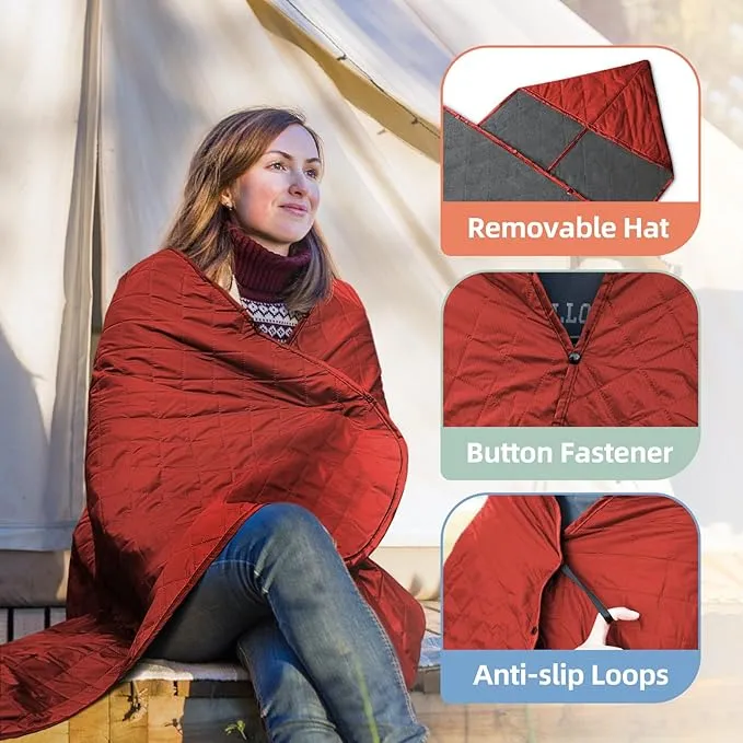 Large Outdoor Blanket, Camping Blankets for Cold Weather, Waterproof Windproof Hooded Stadium Blanket (79”x55”) Quilted with Extra Thick Fleece, Great for Camping, Picnic, Beach, Car, Dogs