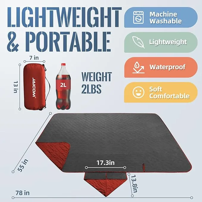 Large Outdoor Blanket, Camping Blankets for Cold Weather, Waterproof Windproof Hooded Stadium Blanket (79”x55”) Quilted with Extra Thick Fleece, Great for Camping, Picnic, Beach, Car, Dogs