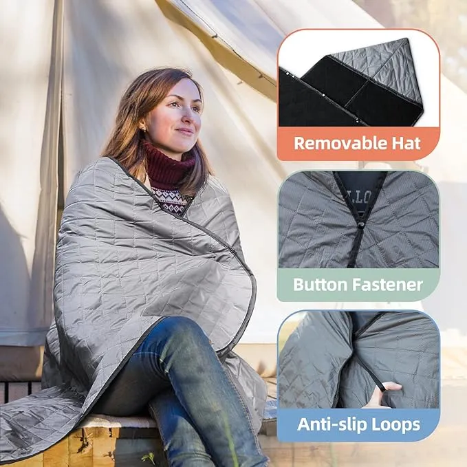Large Outdoor Blanket, Camping Blankets for Cold Weather, Waterproof Windproof Hooded Stadium Blanket (79”x55”) Quilted with Extra Thick Fleece, Great for Camping, Picnic, Beach, Car, Dogs