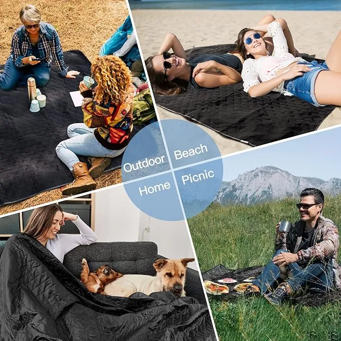 Large Outdoor Blanket, Camping Blankets for Cold Weather, Waterproof Windproof Hooded Stadium Blanket (79”x55”) Quilted with Extra Thick Fleece, Great for Camping, Picnic, Beach, Car, Dogs