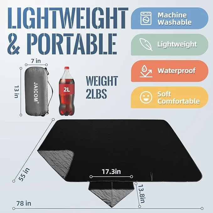 Large Outdoor Blanket, Camping Blankets for Cold Weather, Waterproof Windproof Hooded Stadium Blanket (79”x55”) Quilted with Extra Thick Fleece, Great for Camping, Picnic, Beach, Car, Dogs