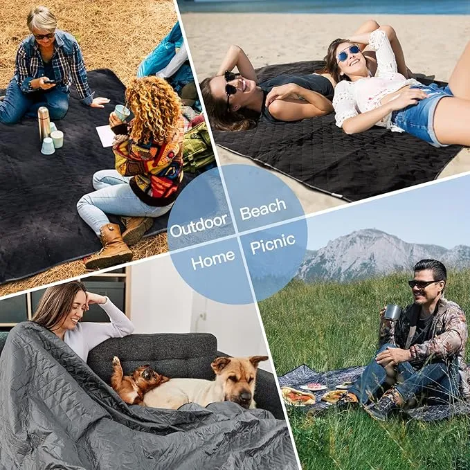 Large Outdoor Blanket, Camping Blankets for Cold Weather, Waterproof Windproof Hooded Stadium Blanket (79”x55”) Quilted with Extra Thick Fleece, Great for Camping, Picnic, Beach, Car, Dogs