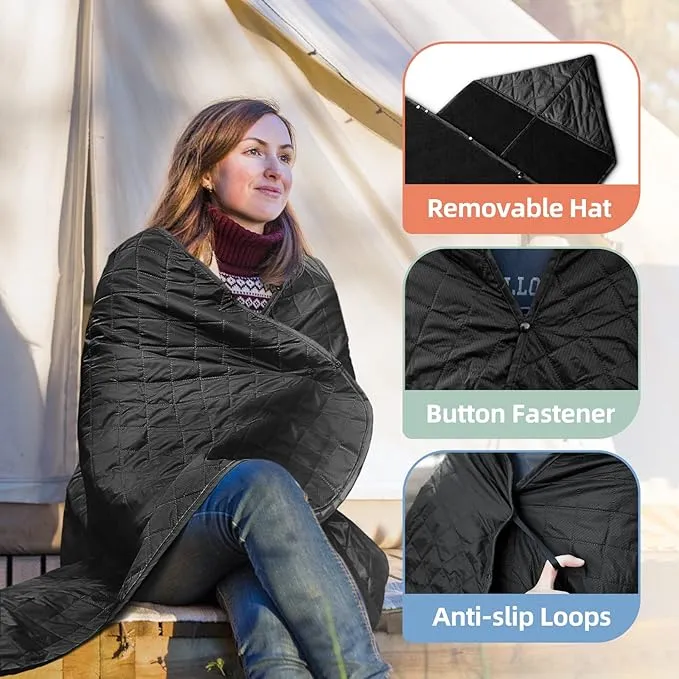 Large Outdoor Blanket, Camping Blankets for Cold Weather, Waterproof Windproof Hooded Stadium Blanket (79”x55”) Quilted with Extra Thick Fleece, Great for Camping, Picnic, Beach, Car, Dogs