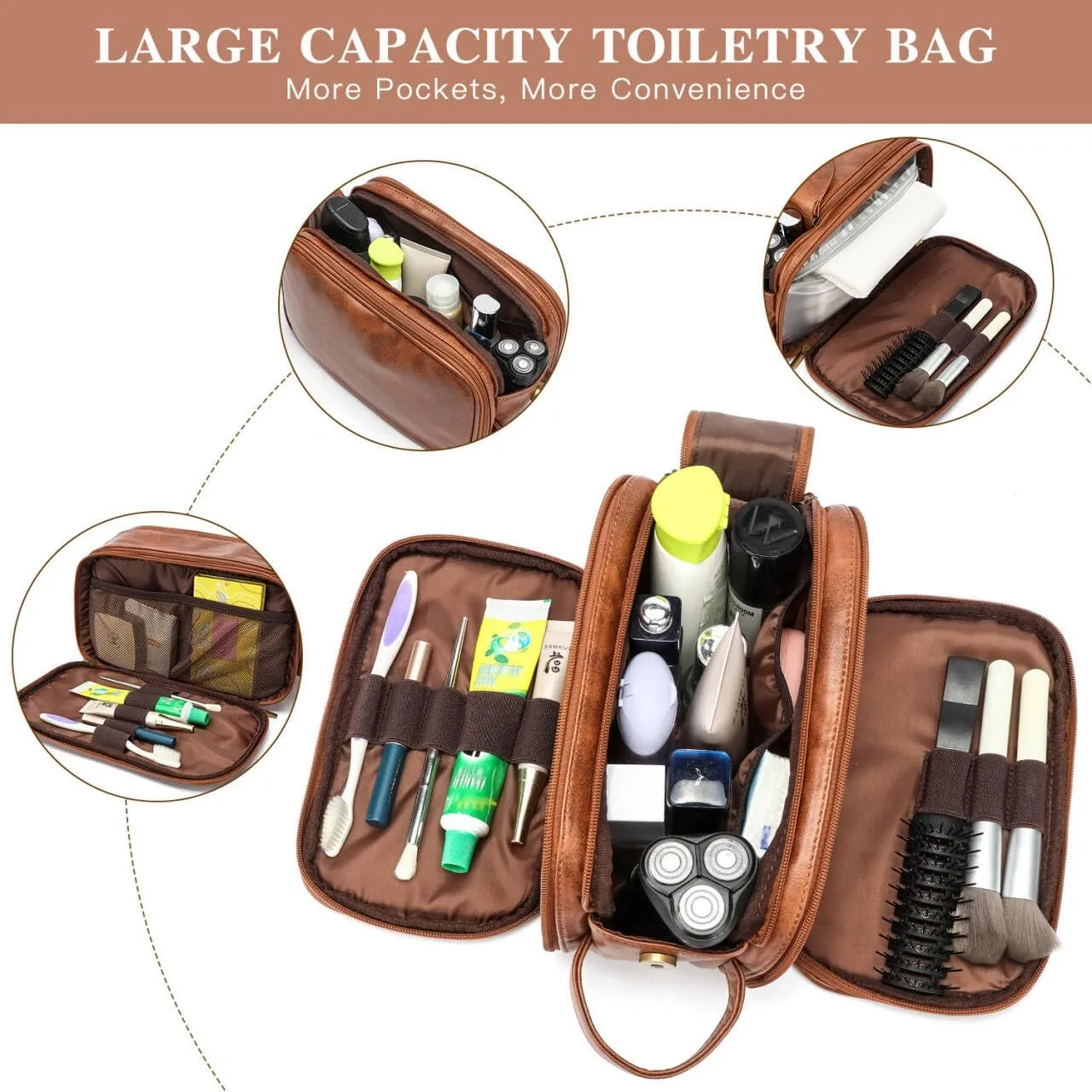 Laripwit Travel Toiletry Bag for Men Large PU Leather Shaving Dopp Kit Water-resistant Cosmetic Toiletries Organizer Pouch Bathroom Hygiene Case Gift for Mens Brown