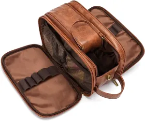 Laripwit Travel Toiletry Bag for Men Large PU Leather Shaving Dopp Kit Water-resistant Cosmetic Toiletries Organizer Pouch Bathroom Hygiene Case Gift for Mens Brown