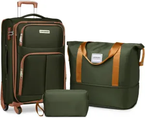 LARVENDER Softside Luggage Sets 3 Piece, Expandable Carry on Luggage 22x14x9 Airline Approved with TSA Lock Spinner Wheels, Lightweight Rolling Suitcase for Men and Women, Green/Brown