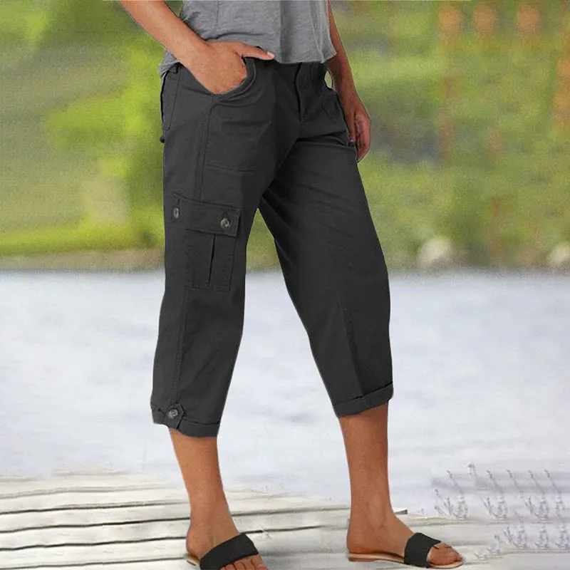🔥Last Day 80% OFF🔥Multi-Pocket Solid Color Casual Cargo Capri Pants