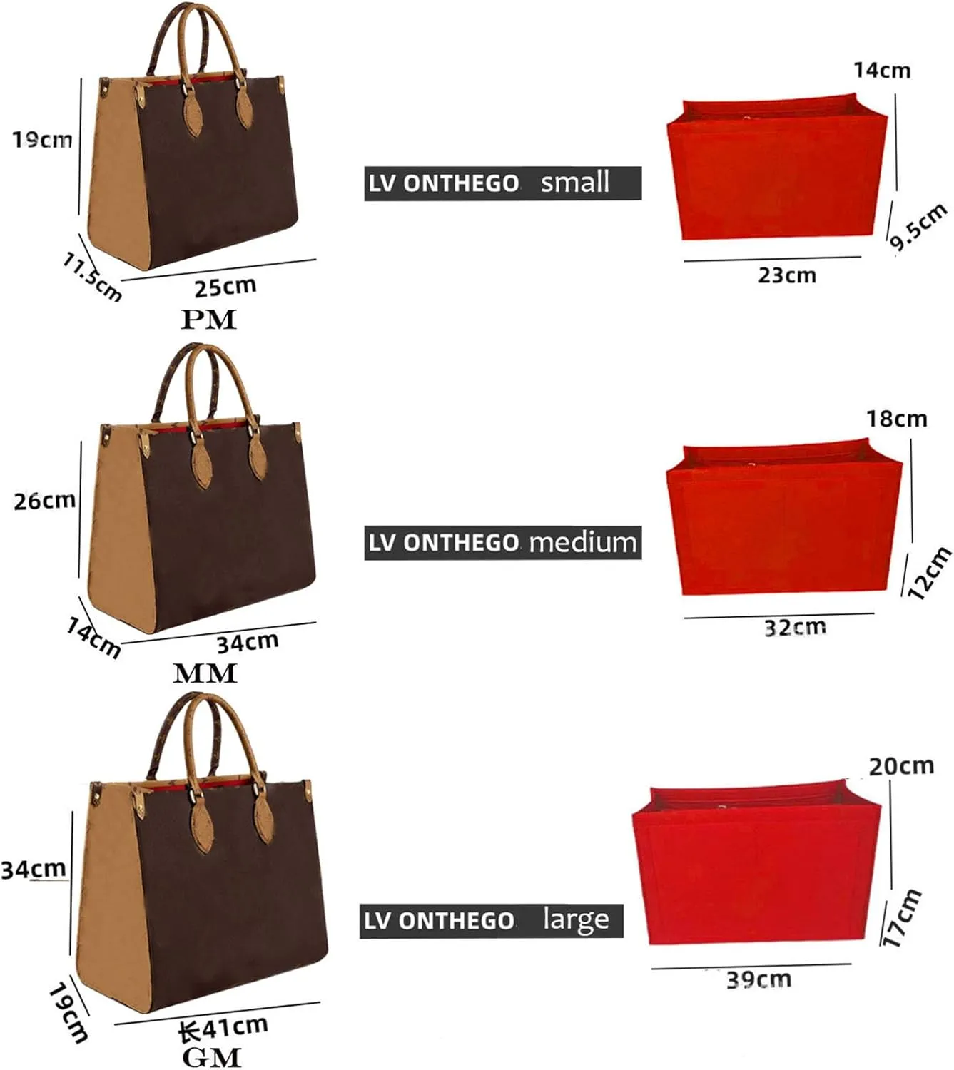Lckaey Purse Insert For ONTHEGO PM MM GM Wallet Tote - Felt Organizer - With Zipper Pocket 1081red -M
