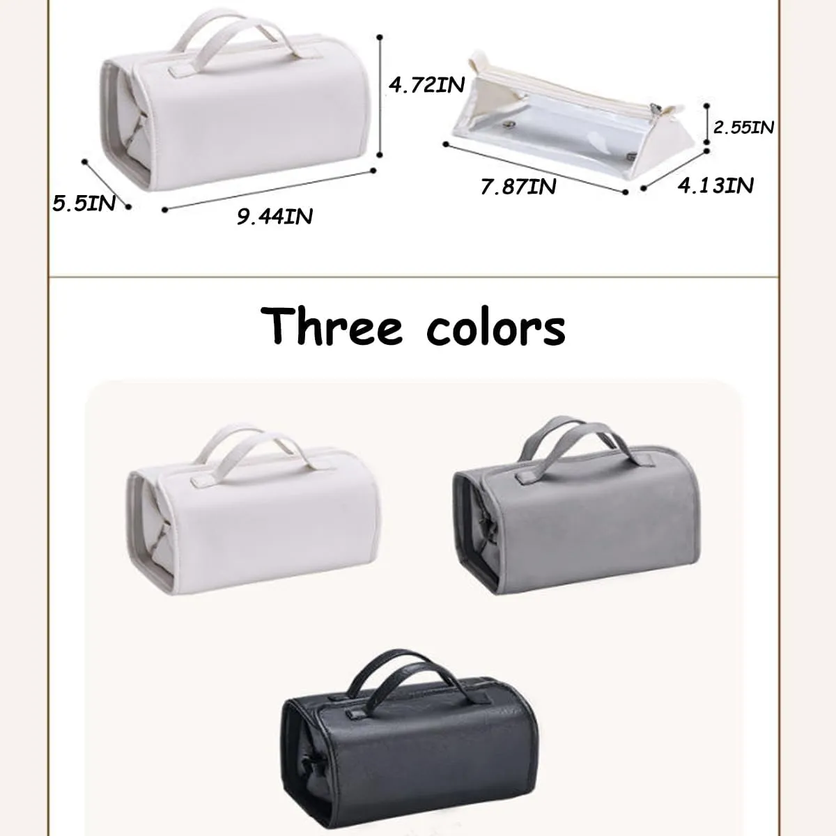 Leather Waterproof Cosmetic Bag, Roll Up Toiletry Makeup Hanging Bag With Compartments, Multi Travel Roll Up Bag (Gray)