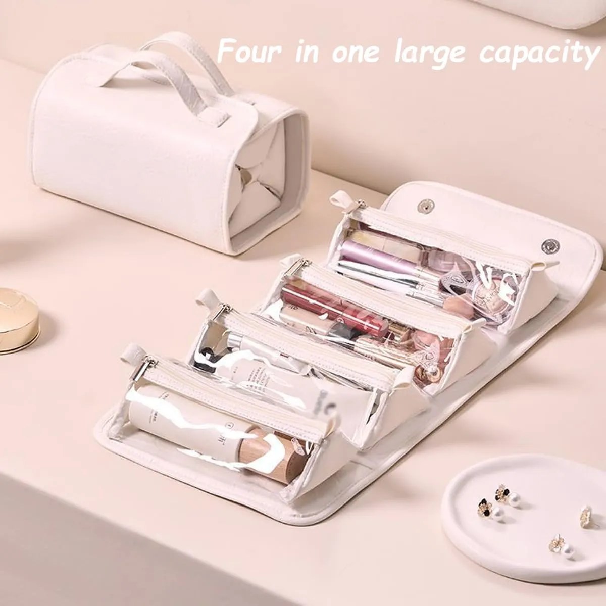 Leather Waterproof Cosmetic Bag, Roll Up Toiletry Makeup Hanging Bag With Compartments, Multi Travel Roll Up Bag (Gray)