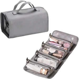 Leather Waterproof Cosmetic Bag, Roll Up Toiletry Makeup Hanging Bag With Compartments, Multi Travel Roll Up Bag (Gray)