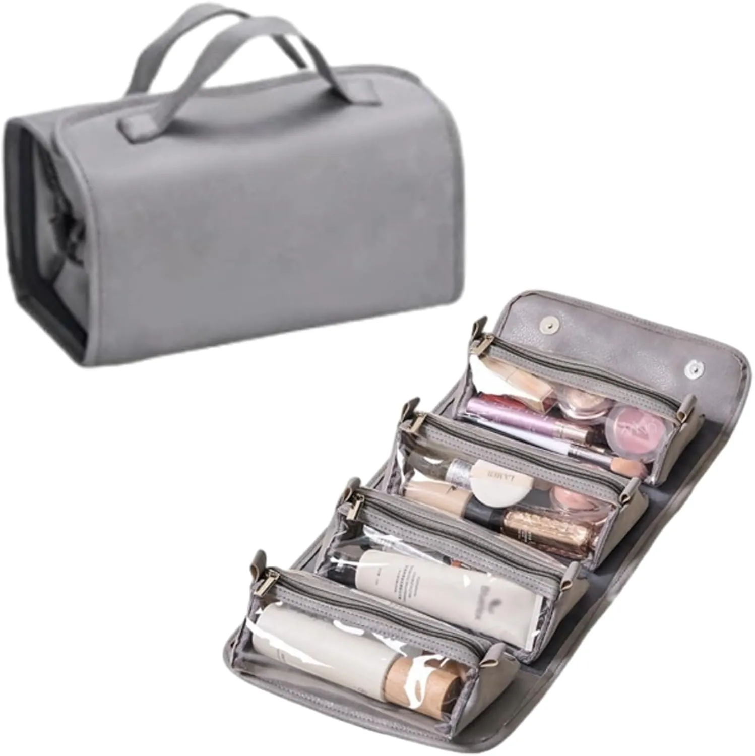 Leather Waterproof Cosmetic Bag, Roll Up Toiletry Makeup Hanging Bag With Compartments, Multi Travel Roll Up Bag (Gray)