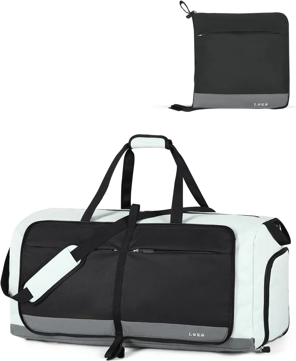 Lekesky Foldable Travel Duffle Bag for Women, Large Duffel Bag with Separate Shoes Compartments & Straps, Carry On Weekend Bag for Women, Hospital, Overnight (Grey & Brown, 60L)