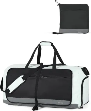 Lekesky Foldable Travel Duffle Bag for Women, Large Duffel Bag with Separate Shoes Compartments & Straps, Carry On Weekend Bag for Women, Hospital, Overnight (Grey & Brown, 60L)
