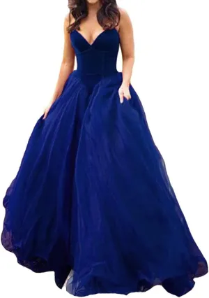 Lemai V Neck Velvet and Tulle Long Ball Gown Corset Formal Evening Prom Dresses