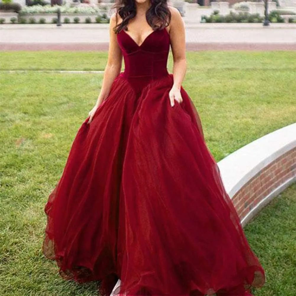 Lemai V Neck Velvet and Tulle Long Ball Gown Corset Formal Evening Prom Dresses