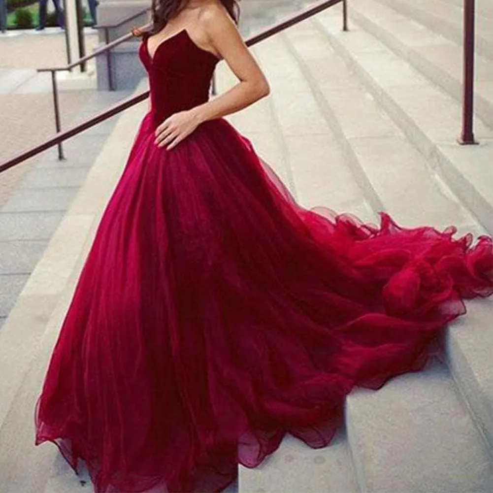 Lemai V Neck Velvet and Tulle Long Ball Gown Corset Formal Evening Prom Dresses