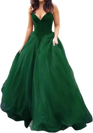 Lemai V Neck Velvet and Tulle Long Ball Gown Corset Formal Evening Prom Dresses