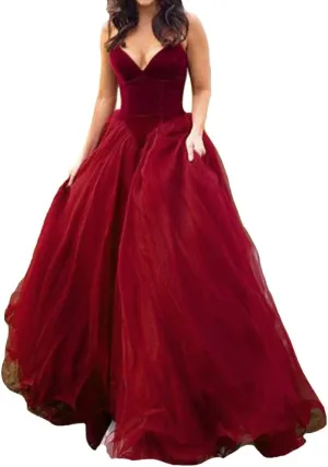 Lemai V Neck Velvet and Tulle Long Ball Gown Corset Formal Evening Prom Dresses