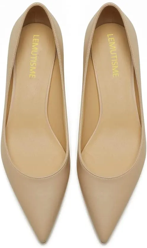 LEMUTISME Women's Classic Pointed Toe 1 Inches Comfort Slip On Low Chunky Heel Dress Pumps Shoes for Office