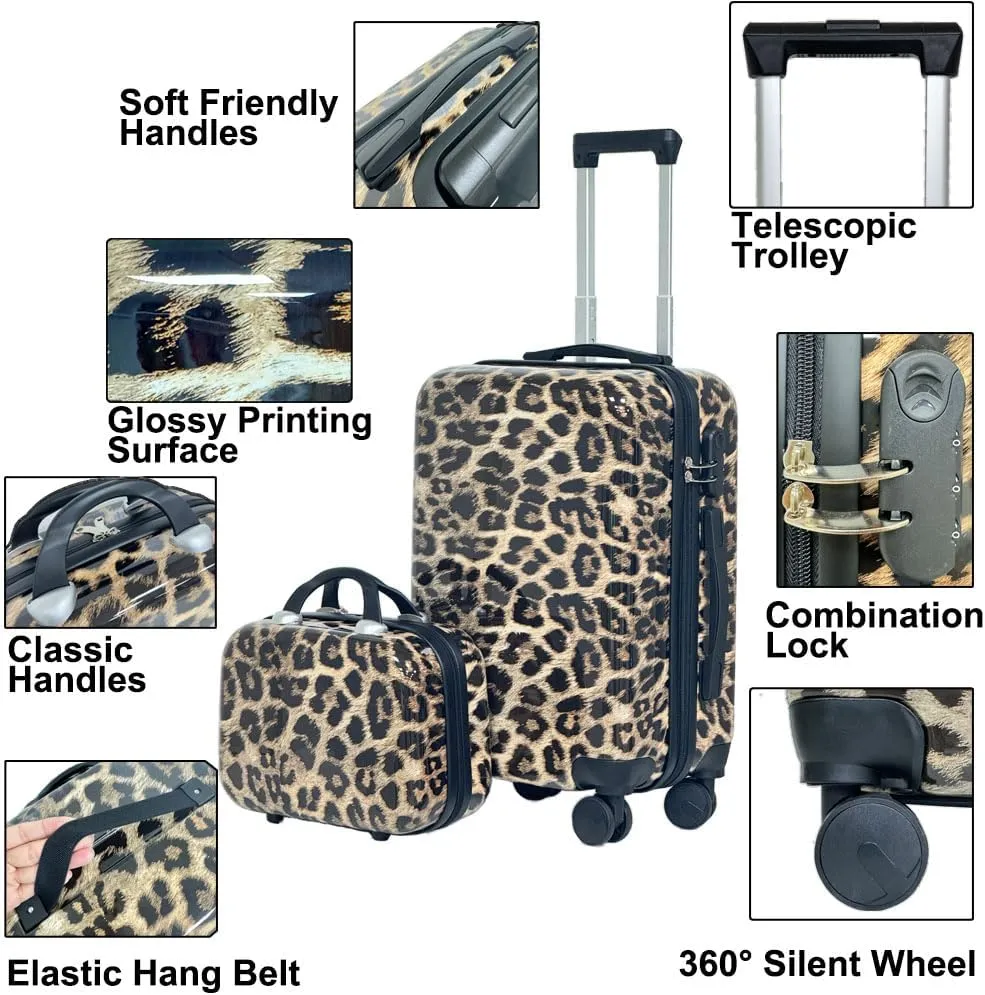 Leopard Print Luggage 2-Piece Set (14" 20") - Hardside Carry-On & Checked Spinner Suitcases, TSA-Approved, Lightweight Expandable Hard Shell, Smooth 360° Wheels for Air Travel