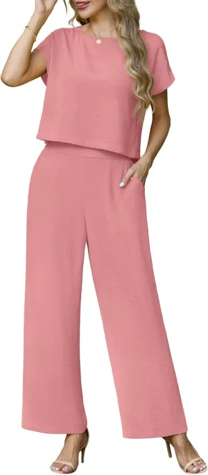 Lepunuo 2 Piece Sets for Women Summer Cap Sleeve Crop Top Wide Leg Pants Matching Lounge Set Vacation Beach Travel Outfits