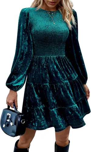 LifeShe Women Velvet Dress Crew Neck Smocked Babydoll Dress Velvet Mini Dresses for Party Cocktail